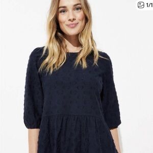 LOFT Clip Dot Navy Peplum 3/4 Length Sleeve Cotton Blend Blouse, Small, NWT